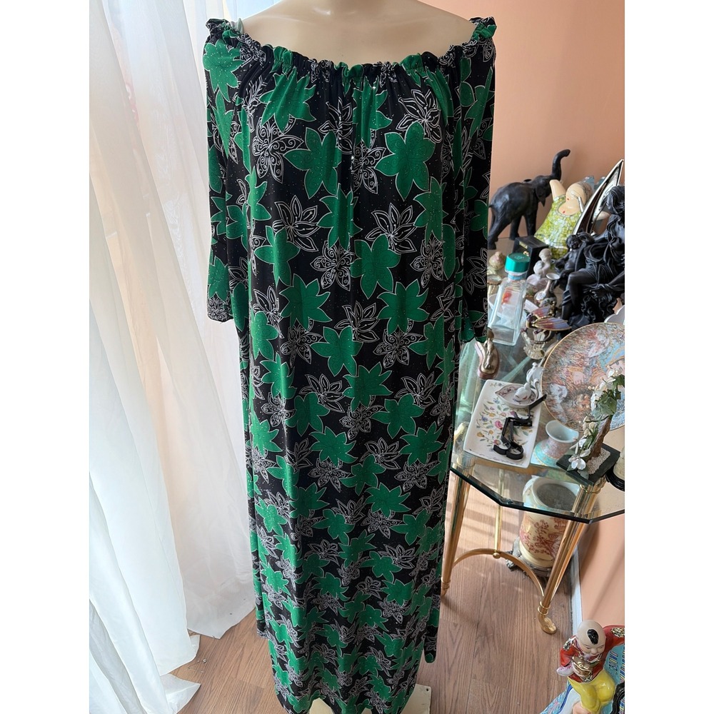 Seven Islands Green Floral Glitter Off Shoulder Bell Sleeve Maxi Dress‎ 3X NWT